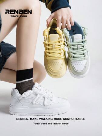 RENBEN 1 双休闲白色厚底运动鞋，2025 年春季新款系带厚底女鞋，时尚百搭