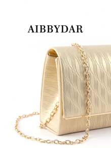 Elegant Women's Evening Handbag, Striped Polyester Tote Bag With Glitter Decor, Lightweight Crossbody Bag With Detachable Shoulder Strap, Magnetic Closure, Polyester Lining, Painted Edge Details, Suitable For Business, Formal Events, Parties - Gold/Silver Grey