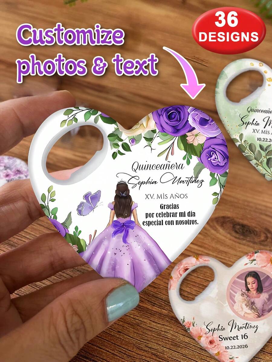 1pc/Bulk Customized 15th Birthday Party Favor, Princess Rose Heart-Shaped Bottle Opener, Sweet 15th Birthday Fridge Magnet, 15th Birthday Party Guest Gift Souvenir, Suitable For 15 Year Old Girls - Multicolor - View 1