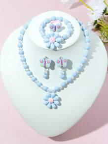 Set de 5 piezas de joyería con collar, pulsera, anillo y aretes con diseño de flores y mariposas, accesorios encantadores con cuentas, adecuado como regalo de cumpleaños para niñas - Azul - Ver 8