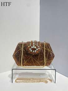 New Design Irregularity Shape Small Party Rhinestone Bag Ladies Clutch Long Chain Shoulder Bag High Quality Rhinestone Bags Crystal Women'S Bag Fashionable Party Bag - Coffee Brown - View 1
