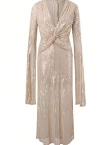 Long Sleeve Slit Design Dress, Elegant Rose Gold Suitable For Party Dinner, Women's Wear, For Cocktail