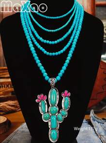 Women's Personalized Western Country-Style Oversized Cactus Pendant Necklace (New For Autumn/Winter). Inlaid With Natural Turquoise, Multi-Layered Pearl Necklace, Each Turquoise Is Unique And Full, Suitable For Multiple Wears. Pairs Well With Jeans And Casual T-Shirts For A Fashionable Look! Great For Self-Purchase Or Gift To Best Friends