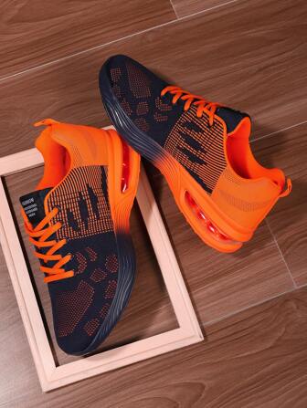 男士拼色渐变针织系带气垫运动鞋，舒适透气减震户外跑步鞋，适合户外运动、慢跑、健身和散步