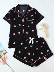 Women's Heart Print Bubble Crinkle Short Sleeve Shorts Pajama Set