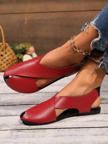New Design Elastic Band Solid Color Texture Fashionable Casual Women Peep Toe Flat Sandals, Versatile - Burgundy - View 3