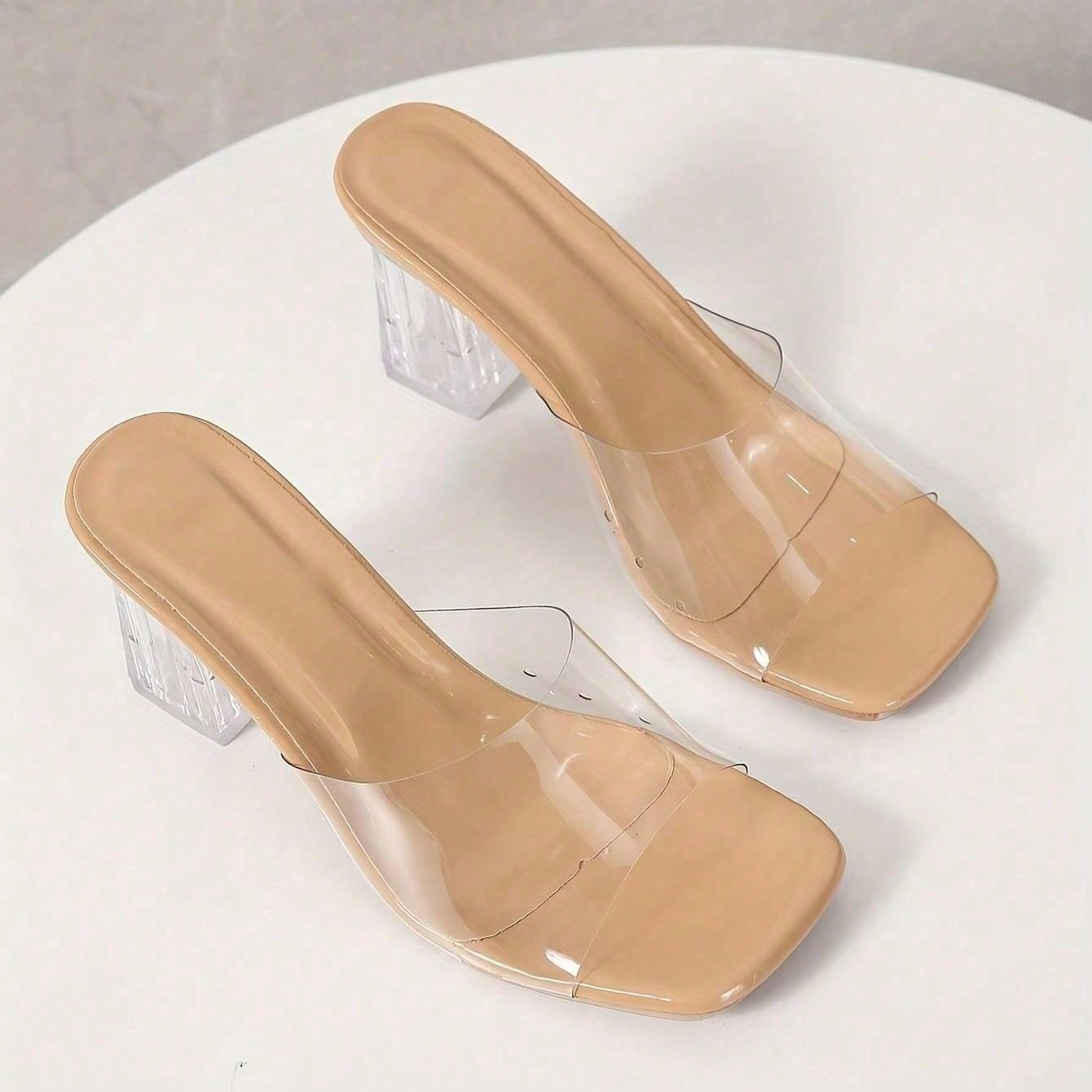 Sandalias de tacón grueso de cristal transparente, de moda y cómodas, tallas grandes en color albaricoque, para mujer en verano