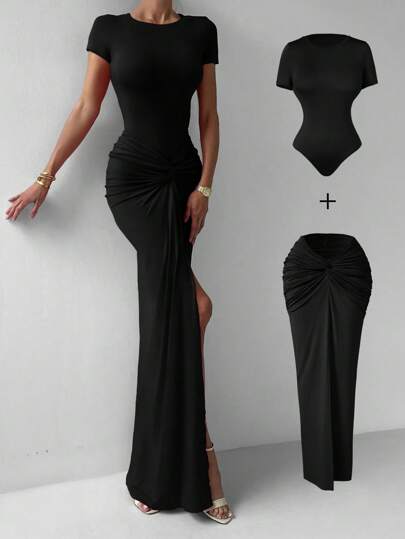 2pcs Women's Elegant Red Bodysuit With Fitted Stretch, Paired With Ruffle Waist Maxi Skirt, Suitable For Spring/Summer Date Black