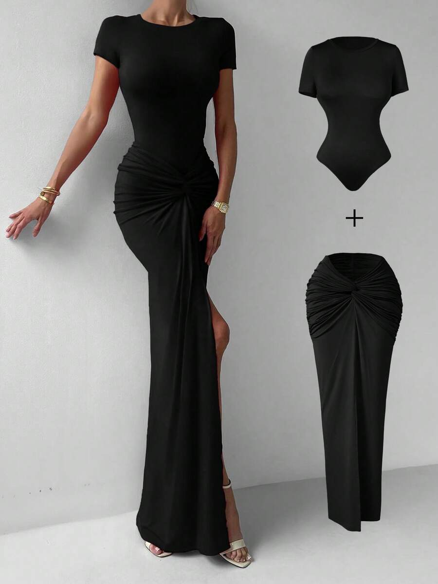 Women 2Pcs Elegant Red Fitted High Stretch Valentine's Day Short Sleeve Bodysuit With Ruffle Elastic Waist Long Skirt, Suitable For Spring/Summer Dating Black - Black - View 1