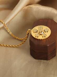 1pc Vintage Rhinestone Circular Lotus Print Gold Pendant Necklace, Suitable For Daily Wear And Vacation, Great Gift For Friends - Lotus Pendant Necklace - View 2