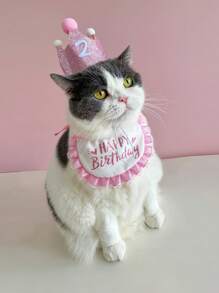 3pcs/Set Cartoon Pet Birthday Accessory Set - Party Holiday Woven Pet Decorations Include Crown, Drool Bib And Number Sticker, Suitable For Small To Medium Cats And Dogs, Year-Round Use - No Battery Required - Multicolor - View 12