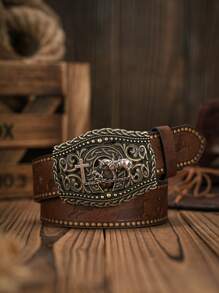 1pc Men's Bohemian Western Cowboy Style Buckle Belt, Vintage Dark Brown Pu Casual, Business, Boyfriend Husband Father Dad Men Gift, Daily Wear, Fashion, Teen, Outdoor, Vacation, Athletic, Travel, Street, Boho, Vintage Fall, Autumn, Halloween Autumn-Winter Accessories, Suitable For Teens, Youth, Men, Casual, Outdoor, Athletic, Vacation, Graduation Gifts, Birthday, Daily Wear - As Shown - View 1