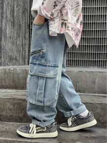 Jeans droits en denim lavé épais de style américain avec fermeture éclair pour adolescents/garçons, pantalons décontractés pour enfants, printemps automne