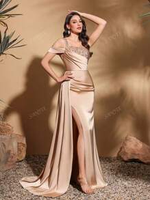 Stylish Slim Party Dress, Asymmetrical Design Dress, Suitable For Parties And Banquets, Ladies Dress Wedding/Occasion/Engagement/Ceremony/Evening Dress, For Cocktail