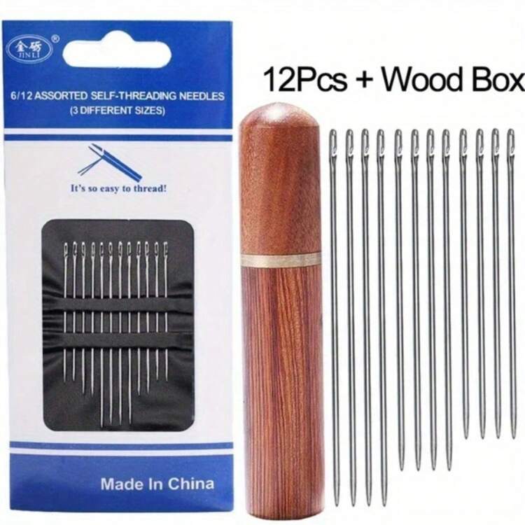 12 Pieces/30 Pieces Stainless Steel Easy-Sewn Edge Stitching Needles For Seniors, Suitable For Hand Sewing, DIY Home Craftsmanship - White, Sewing Pins, Self-Threading Needle Set, Various Sizes, Wooden Storage Tubes, Easy To Insert, Stitch, Hand Sewing, Sheets, Clothes - Multicolor - View 8