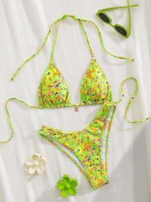 New Soft Fabric Printed Halter Tie Bikini Set, Elegant Party Beach Fashion Swimsuit For Women
