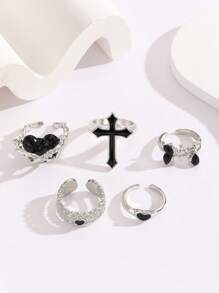 5er Set Vintage Schwarz Herz & Kreuz Strass Eingelegt Verstellbare Solitärring Set, Geeignet als Urlaubsgeschenk