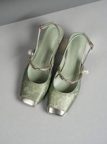 Square Toe Embroidered High Heel Shoes, Women Chunky Heel Casual Pumps