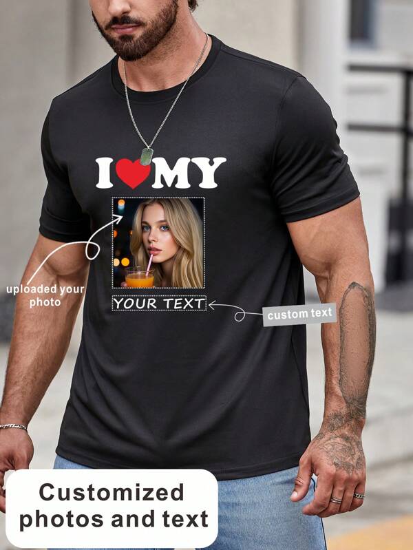 Camiseta personalizada para hombres, regalo para novio/esposo, regalo del Día de San Valentín, regalo de cumpleaños, texto personalizado e imágenes (foto familiar/selfie/foto de mascota/foto de amigos) para diseñar una camiseta gráfica personalizada, estilo deportivo para novios, ropa cómoda, casual, sencilla y a la moda