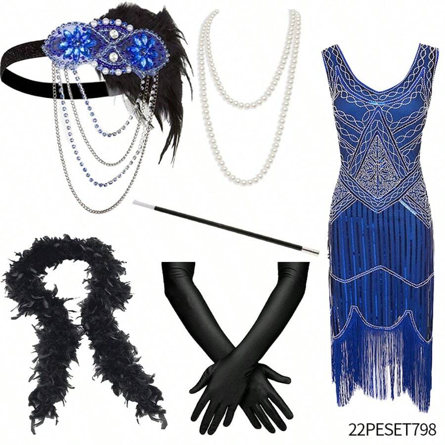 1920S Women's Flying Boom Girl Dress Sequin Dress V-Neck Lace Tassel Dress Clothing With Roaring 20s Accessories For 20s Reception, Prom, Role Play,Mother's Day Gift