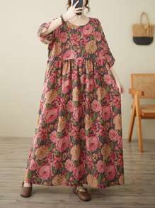 上衣，中国春节，2026 女装，女士加大码睡衣内衬，夏季新款波西米亚休闲度假优雅沙滩装，圆领短袖印花宽松连衣裙，