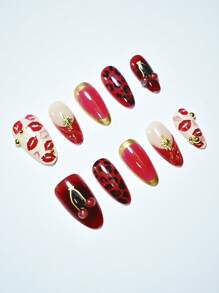10 件/套杏仁形全覆盖指甲贴，勃艮第豹纹唇印复制樱桃设计按压式指甲美甲用品指甲 - 玫瑰紅 - 查看 5