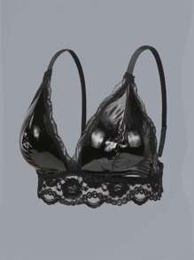 大码女式镜面 PU 皮革与撞色蕾丝性感百搭文胸 - 黑色 - 查看 2