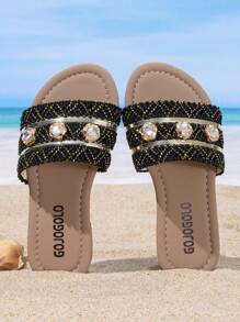 A Pair Of Children's Slippers Summer New Style, Rhinestone Decoration, Children Wear Slippers, Summer Little Girls Soft Sole Fashion Sandals, Casual Girls Princess Shoes, Non-Slip Beach Shoes, Suitable For Indoor And Outdoor, Baby - Black - View 13