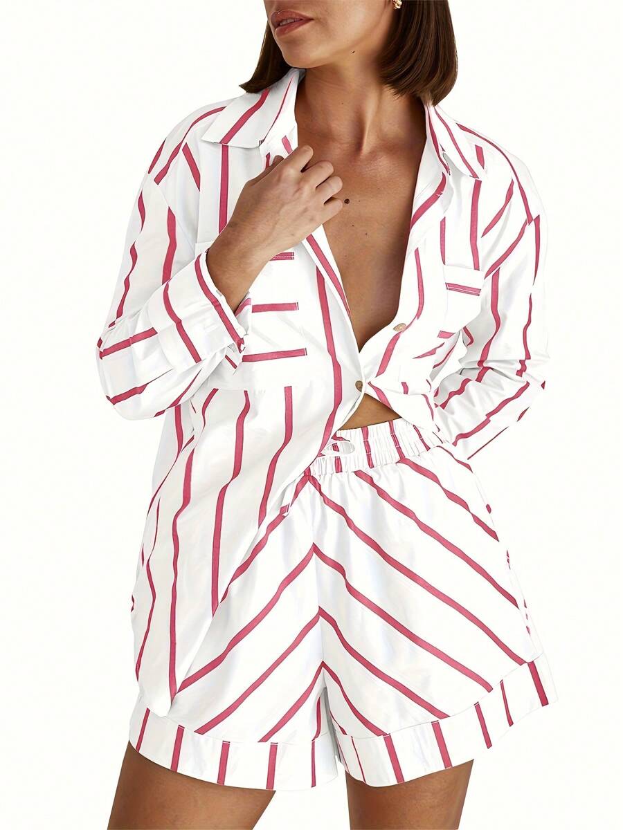 Womens Striped 2 Piece Outfits Button Down Shirts And Shorts Lounge Matching Sets - 紅色 - 查看 1