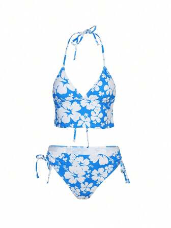 Floral Print Lace-Up Two Pieces Tankini Swimwear For Women