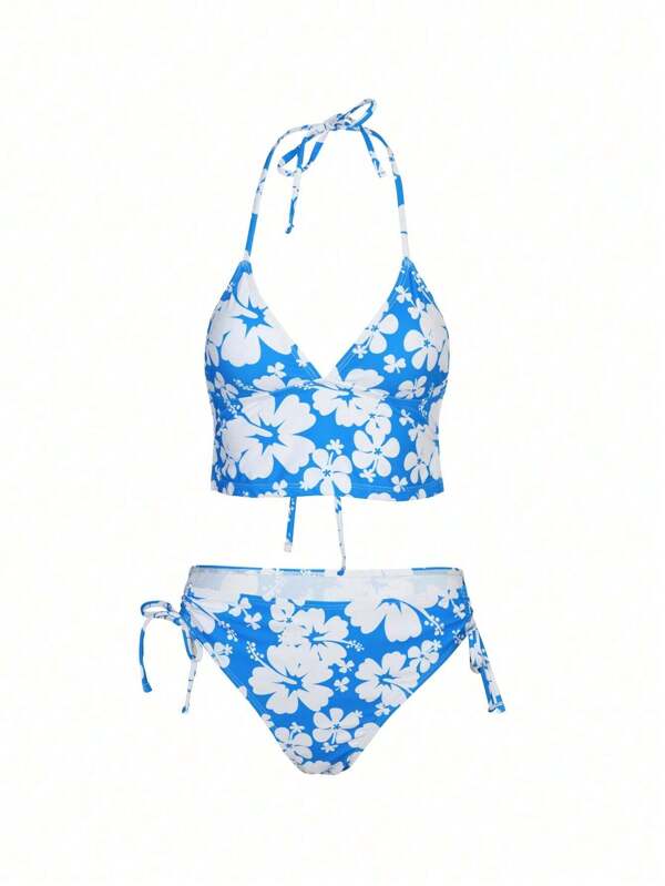 Maillot de bain deux pièces tankini avec imprimé floral et lacets pour femmes