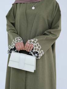 一件式女式宽松优雅刺绣袖口开袖长袍，适合日常生活和聚会春季时尚伊斯兰服装卡夫坦长袍，端庄 - 綠色 - 查看 3