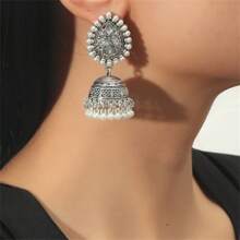 1 Pair Vintage Waterdrop Shaped Pearl & Rhinestone Tassel Alloy Bell Earrings For Women