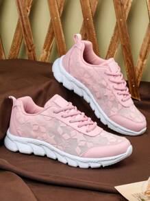 Women's Pink Breathable Anti-Slip Lace-Up Casual Low-Top Sneakers, Suitable For Walking, Running, Workout, School, Commuting, Gift - Pink - View 3