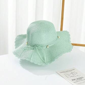 1 件蝴蝶结休闲优雅纸珠蝴蝶结防紫外线宽边太阳帽女士春夏