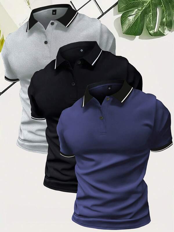 3pcs/Set Men's Short Sleeve Polo Shirts, Summer Lightweight Contrast Color Casual Retro Fashionable Sports Outdoor Tops