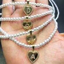 Mặt dây chuyền trang trí hình trái tim và ngọc trai giả Cubic Zirconia 26 chữ sang trọng, thích hợp cho tiệc tùng và đeo hàng ngày - Vàng - Xem 12