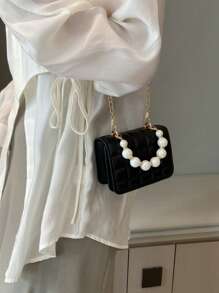 可爱时尚珍珠纹理手提包零钱包斜挎包外出手提包小方包 - 黑色 - 查看 2