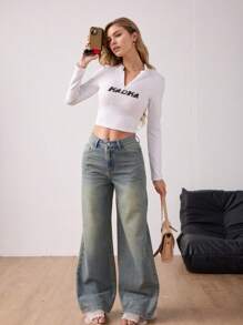 新款高品质修身阔腿牛仔裤，时尚休闲破洞复古宽松百搭牛仔裤女