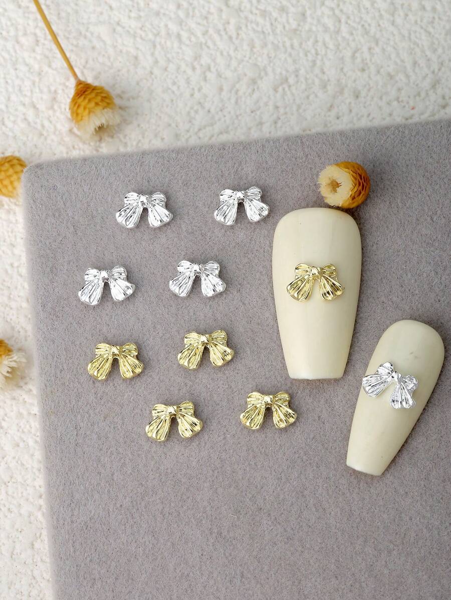 Mini Bow Nail Charms 10pcs 3D Gold Silver Tie Alloy Nail Art Decorations DIY Gift For Girls Nail Gems Nail Supplies For Accessories Adorn Nails Shoes Clothes Bags Crafts Decoration