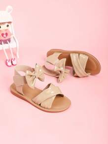 Sandalias planas casuales y de moda con lazo bonito de color albaricoque para niñas, zapatos de princesa para la playa para uso diario, primavera/verano