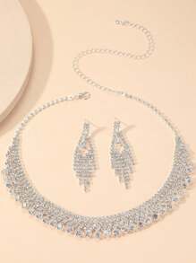 1pc Women Fully Rhinestoned Necklace & 1 Pair Fully Rhinestoned Tassel Earrings, 2Pcs Jewelry Set, Versatile Accessory For Evening Dress