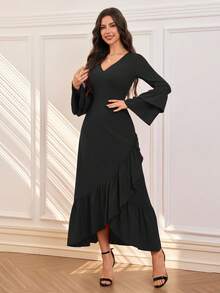 Vestido feminino com decote em V e babados na bainha com mangas compridas, vestido elegante de cintura alta, nova chegada primavera/verão - Preto - Ver 6