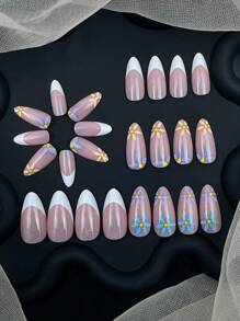 春季法式亮面指甲花卉图案美甲，日常派对必备，可重复使用，配有指甲锉和果冻胶，24 件装按压式指甲