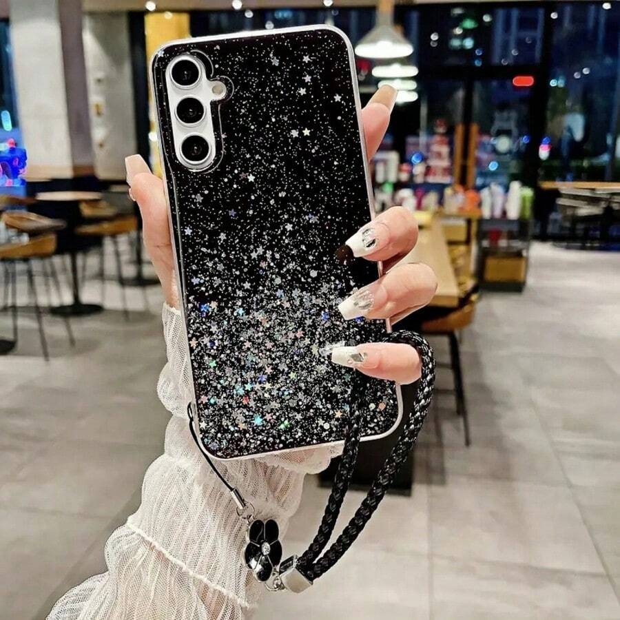 1 件星光闪闪三叶草手机挂绳保护壳适用于三星 Galaxy S8、苹果 iPhone 16、Redmi Note 11 4G、OPPO A54、Infinix Smart 8/Hot 40i、Tecno Spark 20/20C/Go 2024 - 黑色 - 查看 1