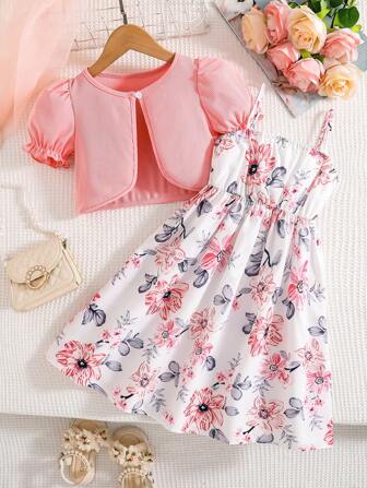 New Summer Girls 2pcs Set: Floral Print Princess Sleeve High Waist Vest And Floral Strap Casual Dress, Sweet Fashion Resort Style