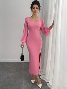 Casual Women's Mid-East Solid Color Woven Ribbon Square Neck Slit Dress