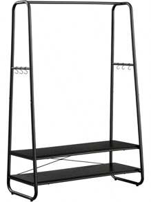 Clothes Rack With 2 Shelves, 6 S-Shaped Hooks, Steel Frame, For Bedroom, Rustic Brown And Black - Ebony Black and Matte Black - View 1