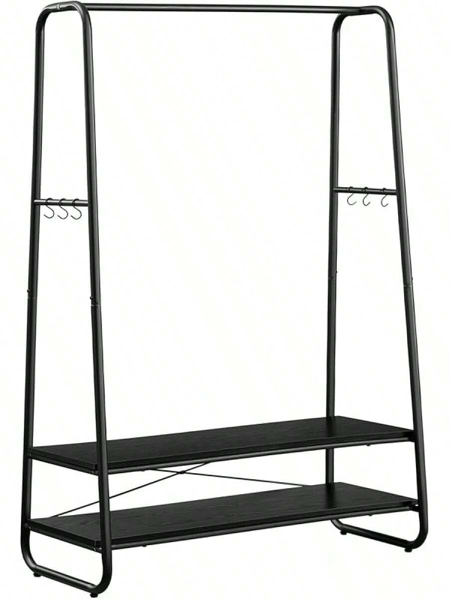Clothes Rack With 2 Shelves, 6 S-Shaped Hooks, Steel Frame, For Bedroom, Rustic Brown And Black - Ebony Black and Matte Black - View 1