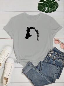 Women's Babylook T-Shirt Horse And Woman Hollow Silhouette Love Animals Horse 100% Cotton Various Colors - 灰色 - 查看 2